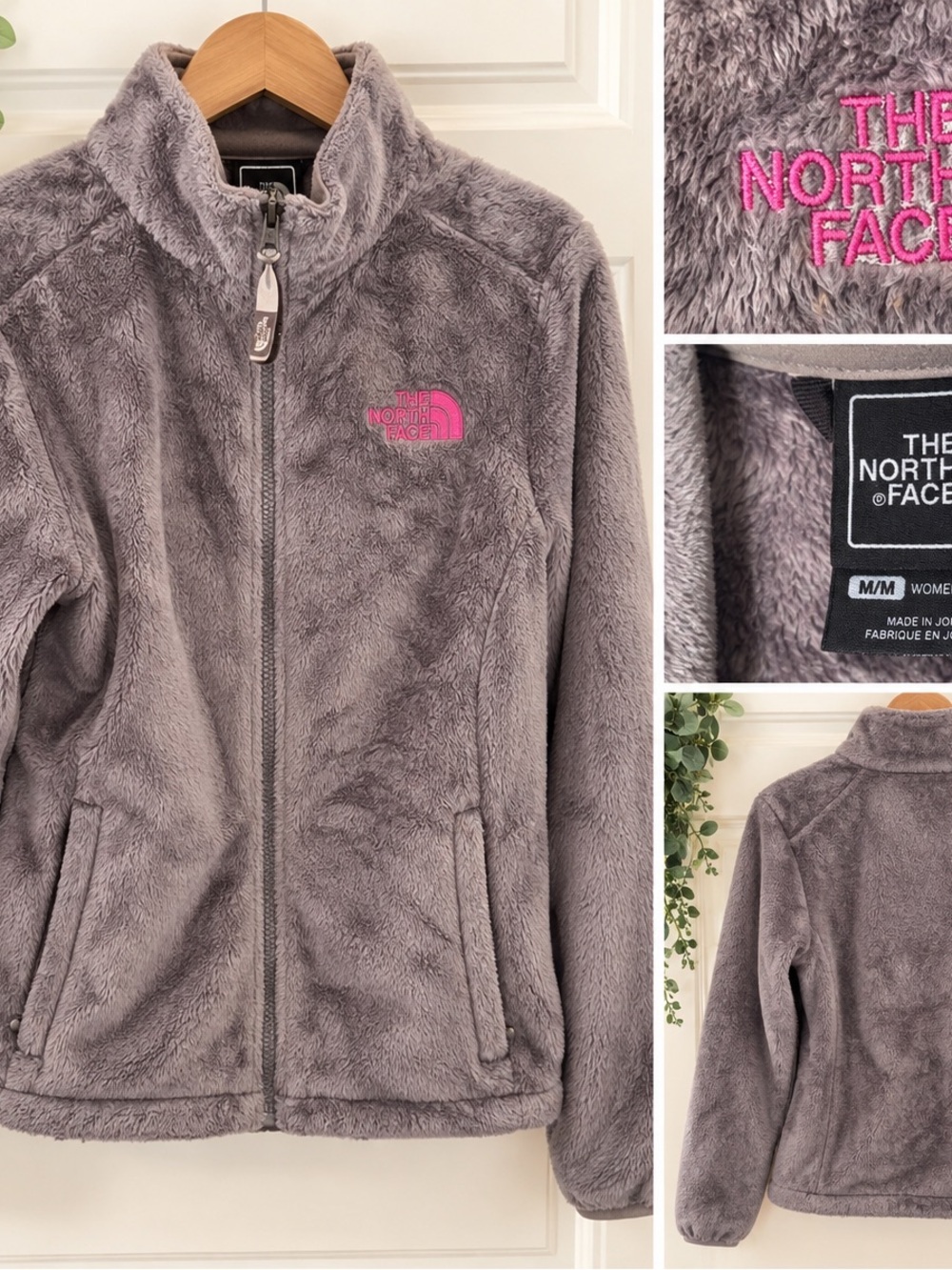 The North Face Gray Fuzzy Full-Zip Jacket with Pink Logo